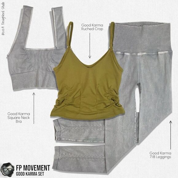 FP MOVEMENT GOOD KARMA SET: RUCHED CROP, SQUARE NECK BRA, LEGGINGS GREEN & GREY - Picture 1 of 16